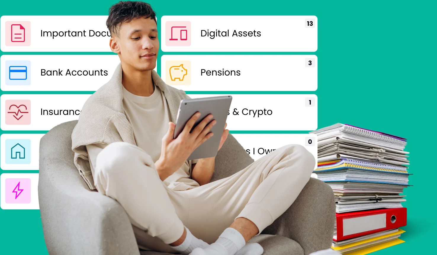 Man sitting on chair with tablet uploading his accounts