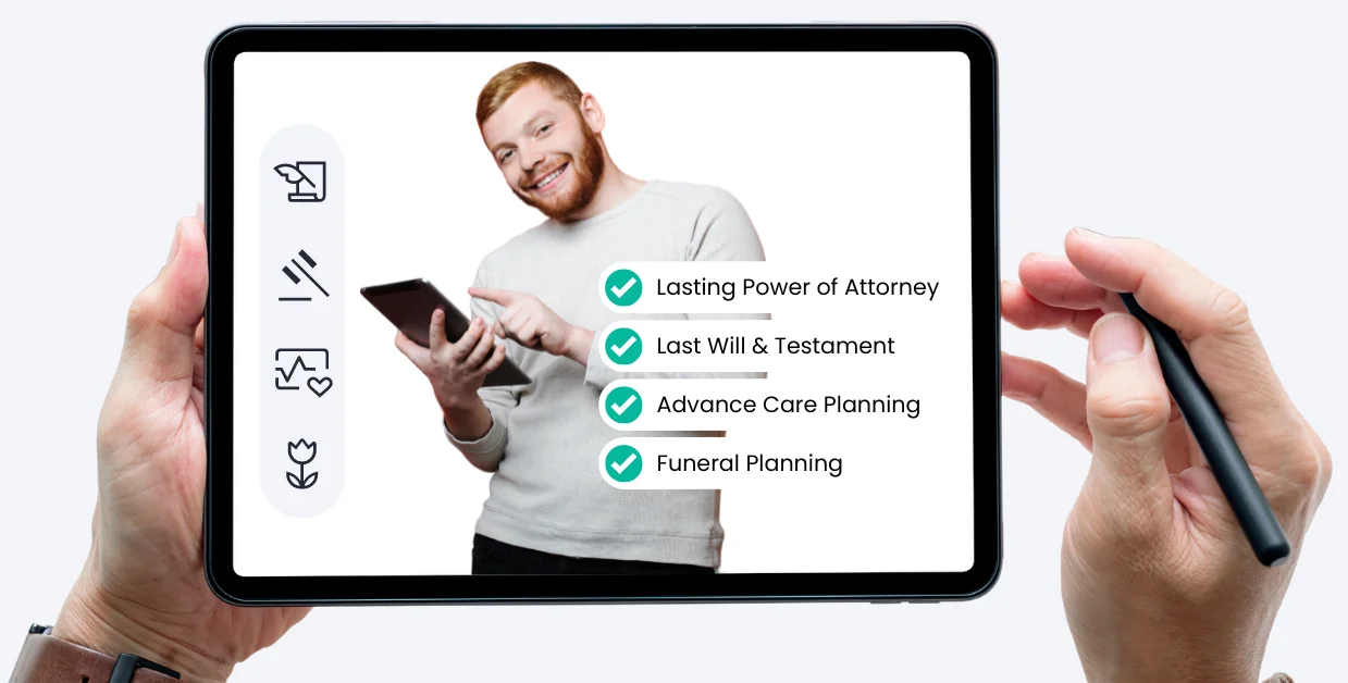 Man on tablet device completing documents